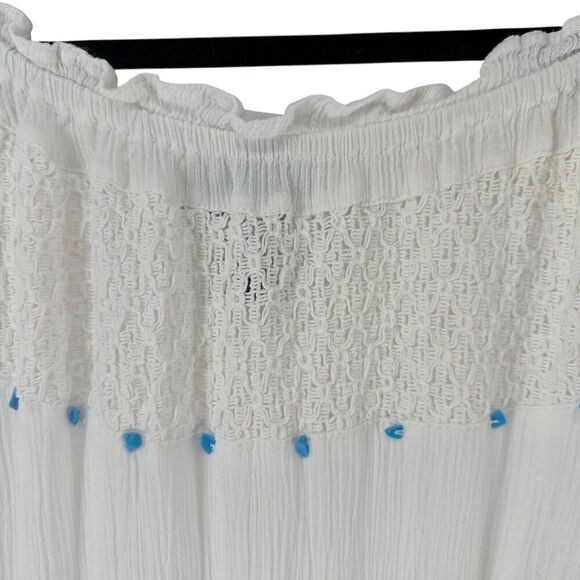 220 Hickory Maxi Dress White Off The Shoulder Turquoise Bead Size S Ruffle Crepe - Picture 4 of 12